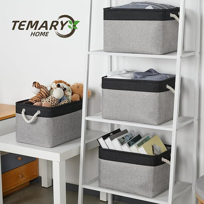 Temary Fabric Storage Baskets 4Pack Storage Bins Decorative Basket for Gift, Clothes Bin with Rope Handle, Rectangle Baskets for Storage, Blankets(Black&Gray,15x11x9.5 inch)