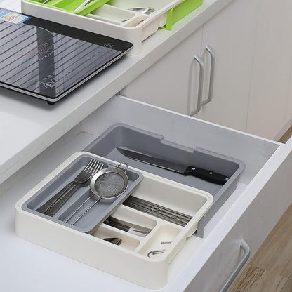 HornTide 3-in-1 Cutlery Tray, Expandable Utensils Holder, Plastic Kitchen Drawer Organizer for Silverware Storage and More - Gray
