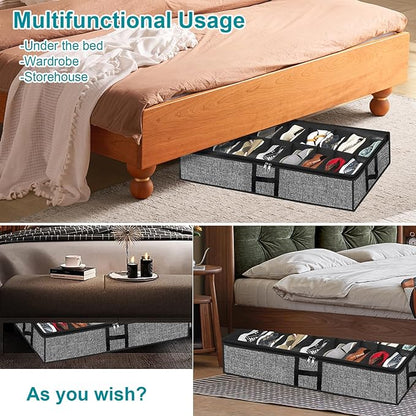 Under Bed Shoe Storage Organizer for Closet 2 Pack Fits 32 Pairs Underbed Shoes Container Boxes with Sturdy H-Handles, Foldable Shoe Rack Holder,Black