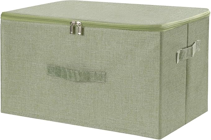 ANMINY Storage Bins with Zipper Lids 36 Qt Lidded Fabric Storage Boxes Baskets Cubes with Handles Collapsible Washable Cotton Linen Closet Shelf Clothes Organizer Containers - Green, Large