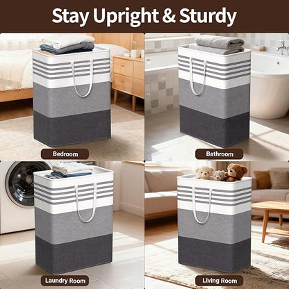 WOWBOX 2 Pack Laundry Baskets, Laundry Hampers, Freestanding Dirty Clothes Hampers with Reinforced Handles & Cross Stitch & Waterproof Coating, for Laundry Bedroom Bathroom Dorm,125L Grey