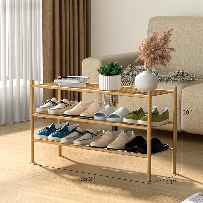 ROMGUAR CRAFT 3-Tier Bamboo Long Shoe Rack, Free Standing Wood Shoe Shelf Storage Organizer for Closet Entryway Stackable 35"x11"x20" (Natural)
