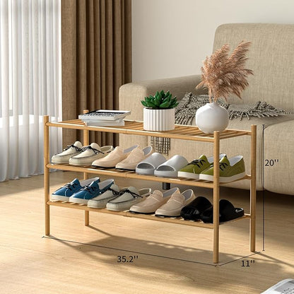 ROMGUAR CRAFT 3-Tier Bamboo Long Shoe Rack, Free Standing Wood Shoe Shelf Storage Organizer for Closet Entryway Stackable 35"x11"x20" (Natural)