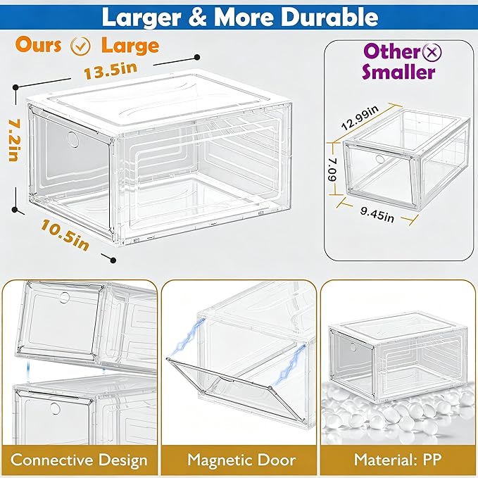 7 code Shoe Organizer, Clear Thickened Stackable Shoe Boxes with Magnetic Door, Collapsible Closet Storage Rack for Sneakers & Boots, 6 Pack White, Virgin Material, Not Recycled Plastic for Household