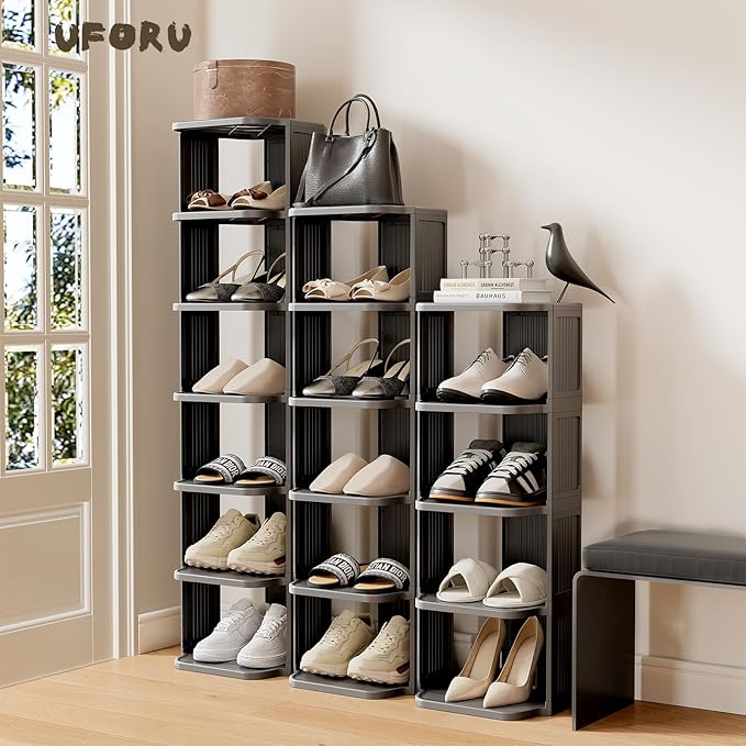 UFORU Small Shoe Rack, 5 Tier Plastic Vertical Shoe Rack for Small and Narrow Spaces, Free Standing Shoe Organizer for Closet, Entryway (Black)