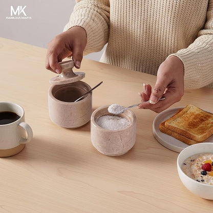 MARBLOUS KRAFTS Marble Salt Cellar 3" Inch Verona Stone Salt Container for Gift for Mom, Ideal Set of 2 Coffee Storage Container Kitchen Countertop, Candy Jars with Lids and Spoons, Spice Storage