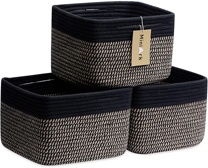 MiniArk Small Organizing Baskets for Cubes Shelf, 9.7x9.7x7.1 Inch Rope Woven Storage Bins for Nursery Shelves Storage, Cute Toy Basket, Square 3 Packs Black Brown