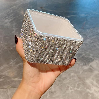Bling Luxurious Rhinestone Desktop Organizer - High-End Makeup Storage Box Organizer Holder - Elegant Vanity Lipstick Display for Bedroom Dressing Table (Silver)