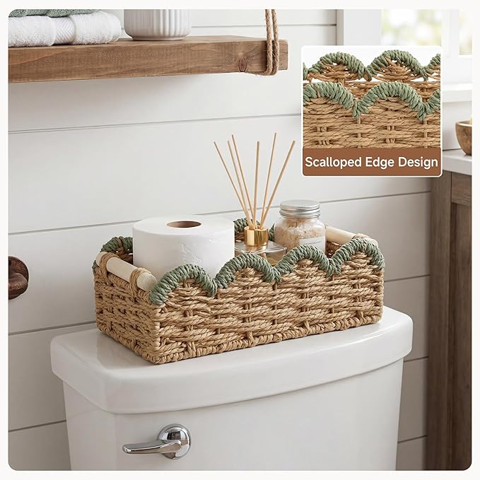 StorageWorks Toilet Paper Storage Basket 2 Pack, Toilet Basket with Wooden Handles, Small Wicker Decorative Scalloped Baskets for Organizing, Shelves, Counters, Green Rope