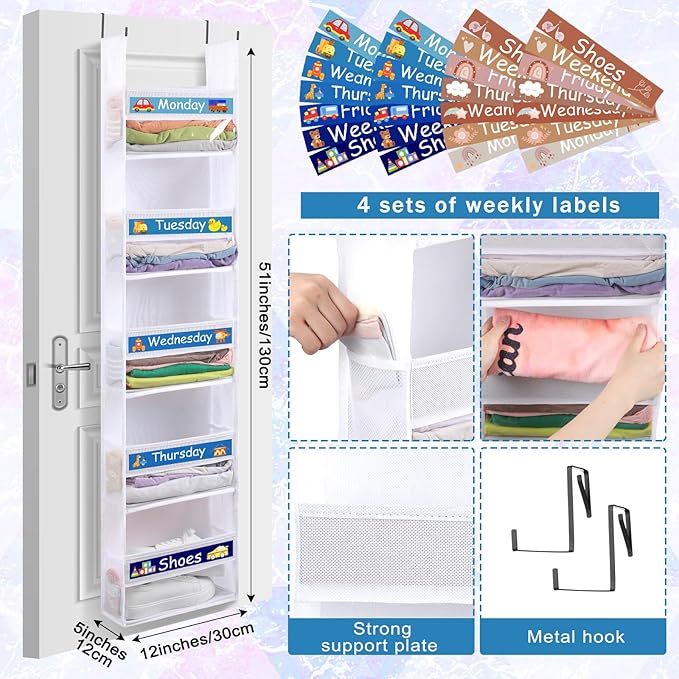 Black White 2 Pack 5 Shelf Weekly Clothes Organizer for Kids Over the Door Hanging Storage Monday through Friday Heavy Duty Clothes Organization for Bathroom Nursery Bathroom Kitchen