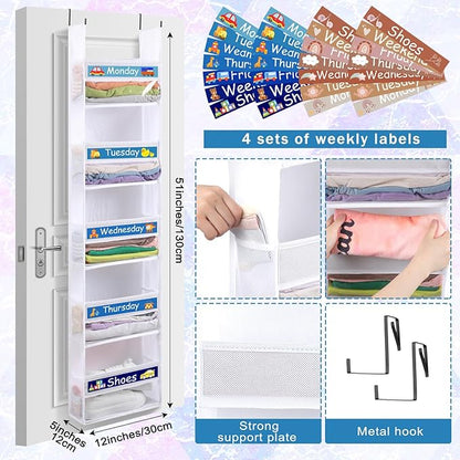 Black White 2 Pack 5 Shelf Weekly Clothes Organizer for Kids Over the Door Hanging Storage Monday through Friday Heavy Duty Clothes Organization for Bathroom Nursery Bathroom Kitchen
