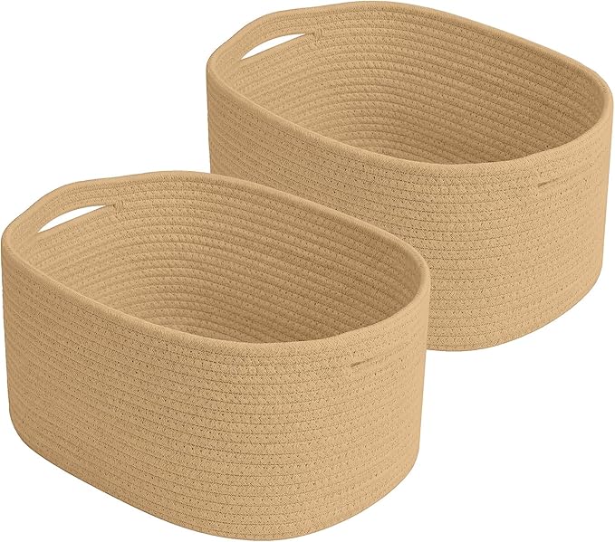 ECDYQXVU Cotton Rope Storage Basket, 15x10x9 Inches, Woven Basket for Shelves, Clothes, Towels, Books, and Laundry, Jute Brown (2 Pack)