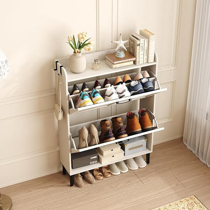 HOMEFORT Shoe Storage Cabinet for Entryway, Slim Shoe Organizer with Two Flip Drawers, Narrow Shoe Rack Cabinet with Wood Legs, Farmhouse Hidden Shoe Cabinet for Front Door Entrance,Antique White