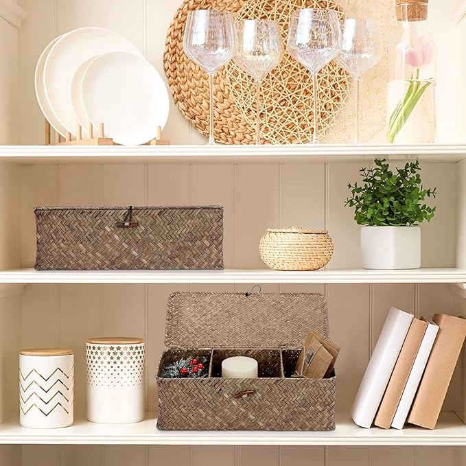 Hipiwe Storage Basket with Lid Toilet Tank Basket Holder Handwoven Wicker Basket Home Organizer Bin for Shelves Bathroom Closets Kitchen, Coffee