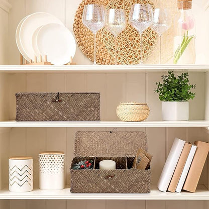 Hipiwe Storage Basket with Lid Toilet Tank Basket Holder Handwoven Wicker Basket Home Organizer Bin for Shelves Bathroom Closets Kitchen, Coffee