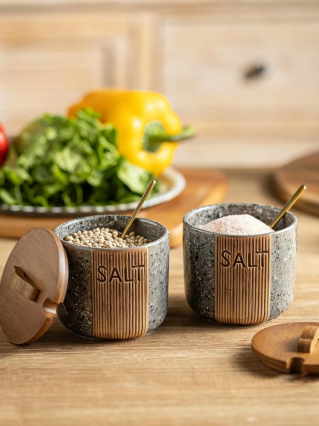 Salt Cellar with Lid & Spoon, Ceramic Salt Container for Countertop, 10 OZ Salt Bowl Holder, Gray