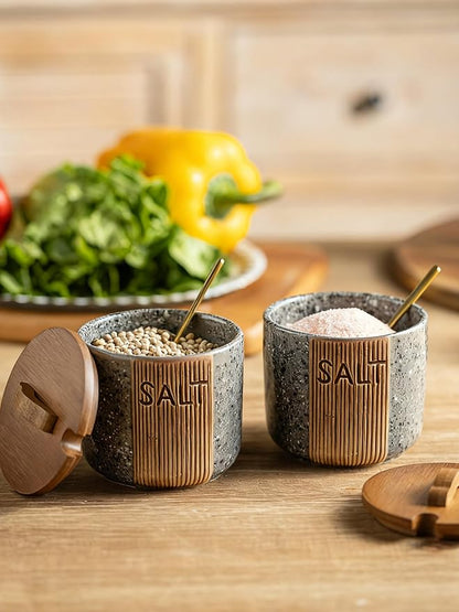 Salt Cellar with Lid & Spoon, Ceramic Salt Container for Countertop, 10 OZ Salt Bowl Holder, Gray