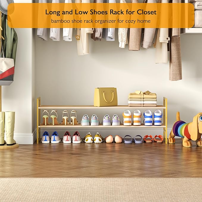 Long Shoe Rack for Closet Floor,2 Tier Wide Shoes Shelf Organizer,15-18 Pairs Bamboo Low Closet Shoe Stand Holders,Modern Sturdy Shoe Storage Rack for Entryway,49” x 11” x 17”
