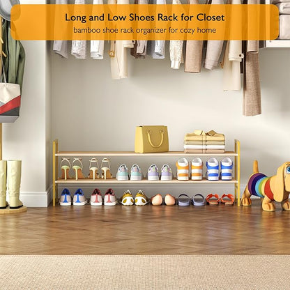Long Shoe Rack for Closet Floor,2 Tier Wide Shoes Shelf Organizer,15-18 Pairs Bamboo Low Closet Shoe Stand Holders,Modern Sturdy Shoe Storage Rack for Entryway,49” x 11” x 17”