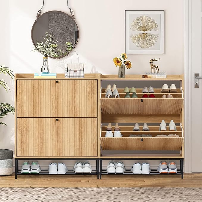 RARZOE Fluted Shoe Cabinet for Entryway with 2 Flip Drawers, Narrow Wood Shoe Cabinet with Fluted Panel, Slim Hidden Shoe Organizer Closed Shoe Rack with Metal Legs for Foyer,Hallway(31.5''Natural)