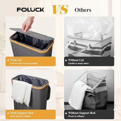 Foluck Slim Laundry Hamper, 60L Waterproof Narrow Laundry Basket with Lid and Removable Bag, Collapsible Tall Clothes Hamper with Bamboo Handles for Clothes Toys in Dorm Bedroom Bathroom, Grey