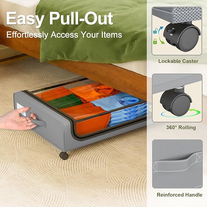 GoMaihe Under Bed Storage with Wheels: 48L Underbed Storage Containers with Lids - Rolling Bins for Shoes Clothes in Dorm Bedroom - Metal Drawers Easy Pull-out Grey 4-Pack