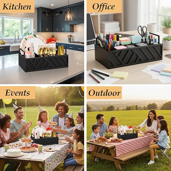 Paper Plate Dispenser with Utensil Caddy, Rustic Wooden 6-Compartment Flatware Organizer for Kitchen Counter, Picnic & Parties (Black)