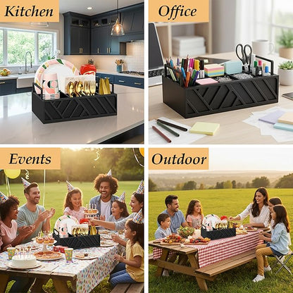 Paper Plate Dispenser with Utensil Caddy, Rustic Wooden 6-Compartment Flatware Organizer for Kitchen Counter, Picnic & Parties (Black)