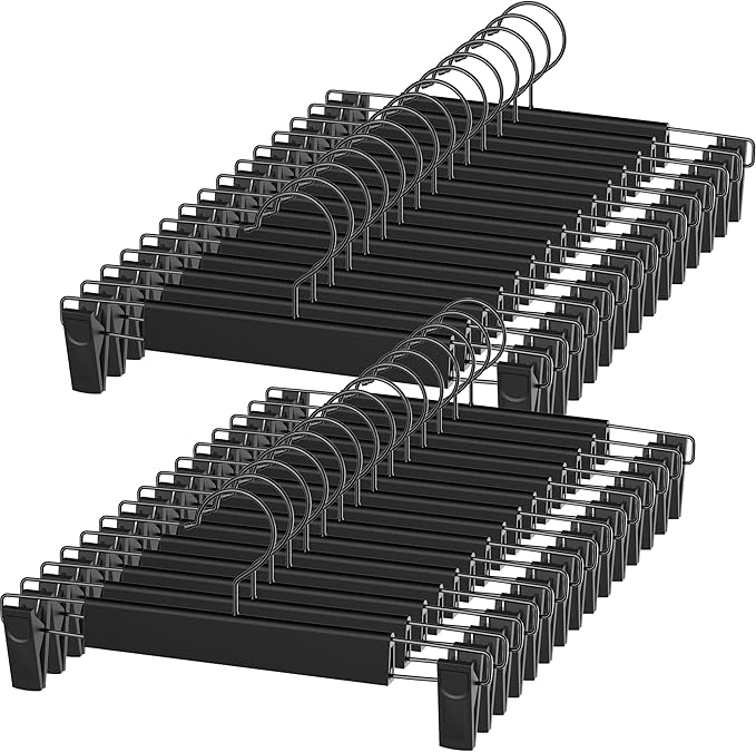 NORTHERN BROTHERS 30 Pack Plastic Pants Hangers with Clips, Adjustable Non-Slip Skirt Hangers for Women, Closet Hangers for Trousers & Shorts, Black