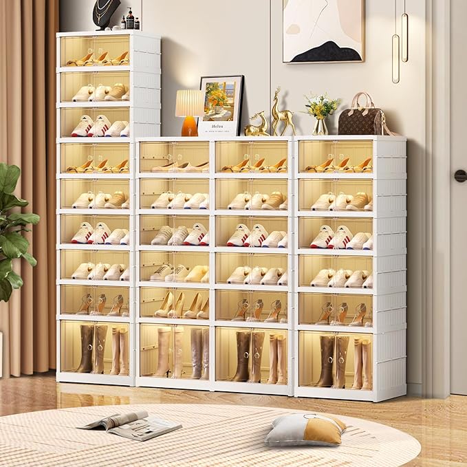 CIMLORD 6-Tier Foldable Shoe Rack Organizer for Closet 24Pairs Plastic Shoe Shelf Collapsible Shoes Storage Box Clear Shoe Boxes Stackable with Door Easy Assembly Shoe Cabinet with Lids Large