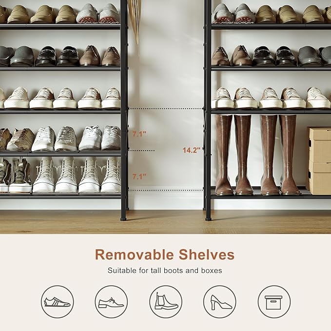Shoe Rack with Coat Rack, 8 Tier Tall Shoe Storage Organizer with Hooks, 3-in-1, Wooden Top Shelf, Sturdy Frame, Metal Clothes Hanger Stand for Entryway, Closet, Rustic Brown and Black