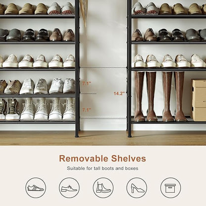 Shoe Rack with Coat Rack, 8 Tier Tall Shoe Storage Organizer with Hooks, 3-in-1, Wooden Top Shelf, Sturdy Frame, Metal Clothes Hanger Stand for Entryway, Closet, Rustic Brown and Black