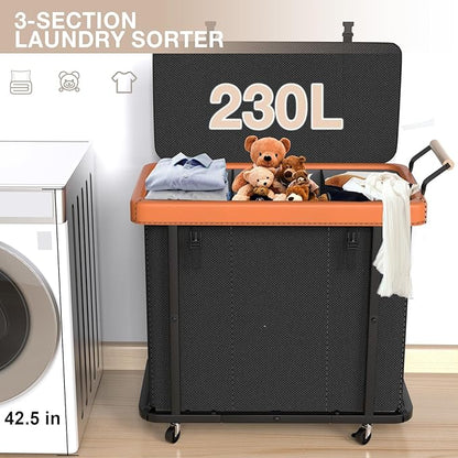 60 Gal (230L) Laundry Hamper 3 Section with Lid, Leather Patchwork Laundry Sorter with Rolling Lockable Wheels and Handle, Laundry Basket Organizer for Laundry Room, Bedroom and Bathroom - Black