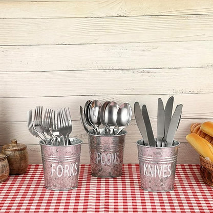 JUXYES Set of 3 Farmhouse Metal Tin Bucket Utensil Holder - Antique Silverware Caddy for Kitchen Countertop - Rustic Flatware Cutlery Caddy Silverware Holder Spoon, Fork & Knife Organizer for Parties