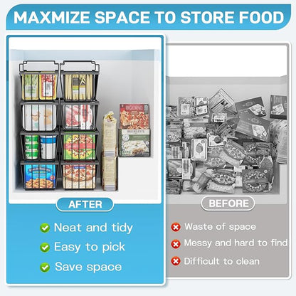SUNALLY Freezer Organizer Bins, 4 Pack Stackable Chest Freezer Organizer for 5-7 Cu.FT Deep Freezer Sort Frozen Meats and Food, Freezer Storage Baskets with Handles Easy Reach from Bottom, Black