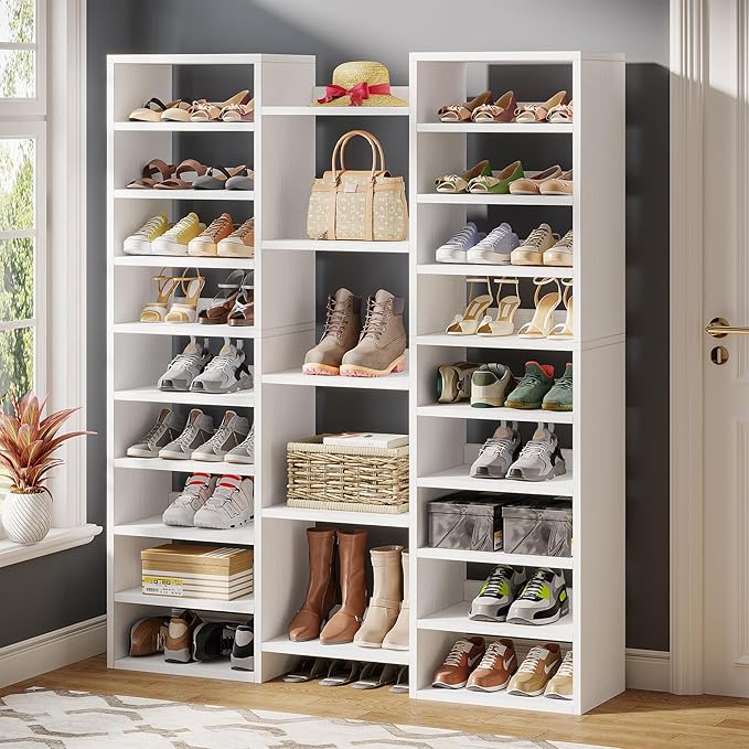 Little Tree 14-Tier Shoe Rack, Freestanding Tall Shoe Shelf, White Wooden Shoe Storage Cabinet with 22 Open Cubbies, 46 Pairs Wide Entryway Shoe Organizer Shoe Cabinet for Living Room, Bedroom