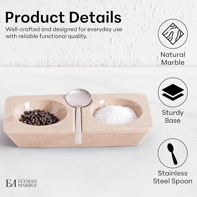 Marble Salt and Pepper Dish with Spoon, Handcrafted Double Spice Tray with 2 Compartments, Natural Stone Condiment Dish for Cooking Prep and Serving - Verona Beige