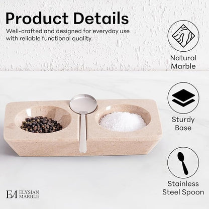 Marble Salt and Pepper Dish with Spoon, Handcrafted Double Spice Tray with 2 Compartments, Natural Stone Condiment Dish for Cooking Prep and Serving - Verona Beige