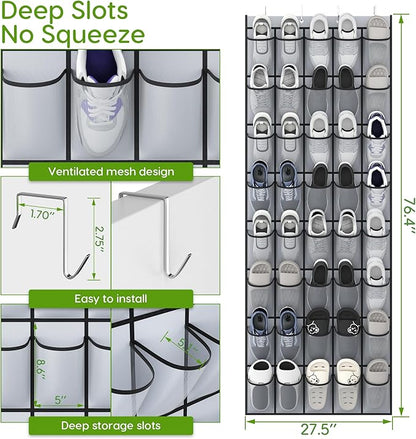 Over the Door Shoe Organizer with 40 Large Breathable Mesh Pockets, Space Saving Shoe Holder, Hanging Shoe Rack for Entryway Bedroom Closet Storage (Grey, 40 Pockets)