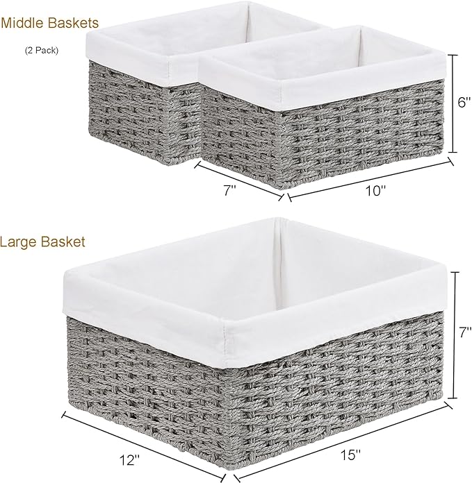 Vagusicc Wicker Basket, Set of 3 Hand-woven Storage Baskets for Organizing, Decorative Rectangle Wicker Storage Basket Bins with Handles, Small Toilet Paper Storage Baskets for Shelves & Decor, Grey