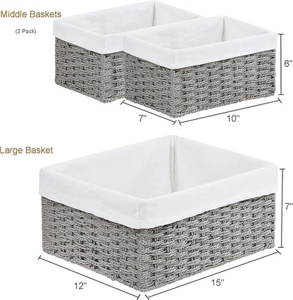Vagusicc Wicker Basket, Set of 3 Hand-woven Storage Baskets for Organizing, Decorative Rectangle Wicker Storage Basket Bins with Handles, Small Toilet Paper Storage Baskets for Shelves & Decor, Grey
