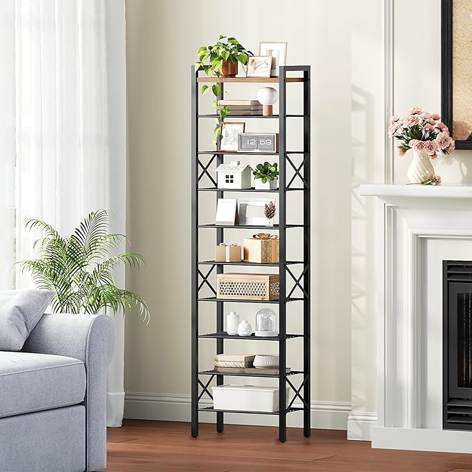 YATINEY 10-Tier Narrow Shoe Rack, Tall Shoe Rack for 10-20 Pairs, Slim Shoe Storage Organizer with Wooden Top, Space Saving, Metal Frame, for Entryway, Rustic Brown and Black SS68BR