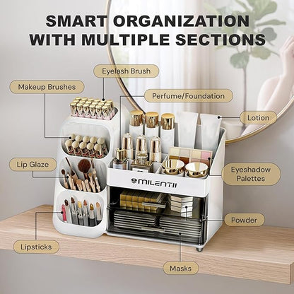 Makeup Organizer with Drawers, Large Capacity Cosmetic & Skincare Storage Box, Countertop Vanity Organizer for Bathroom, Bedroom & Dresser, ABS Plastic, White
