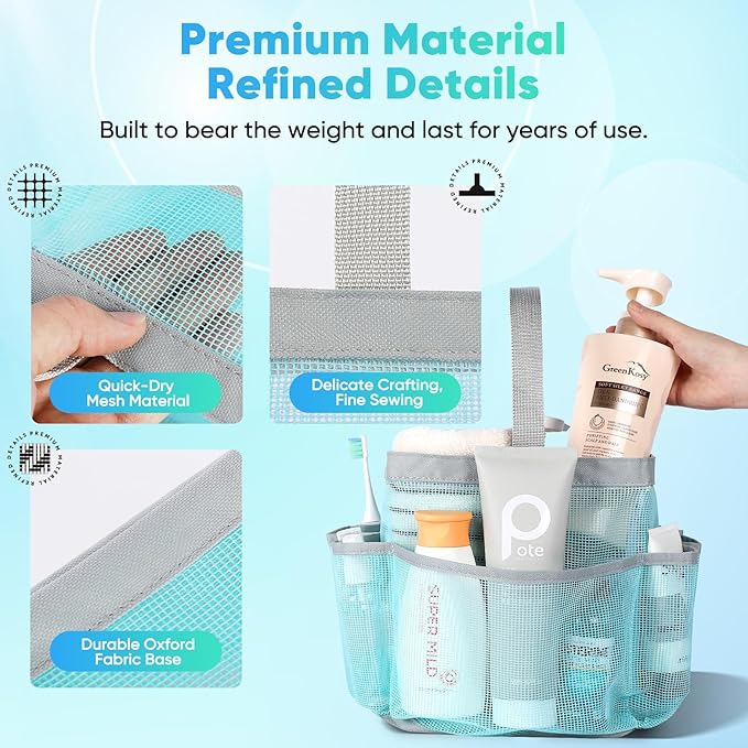 EUDELE Mesh Shower Caddy Portable, 8-Pocket Large Capacity, Quick Dry, Easy Clean, for Beach, Swimming, Gym, Travel