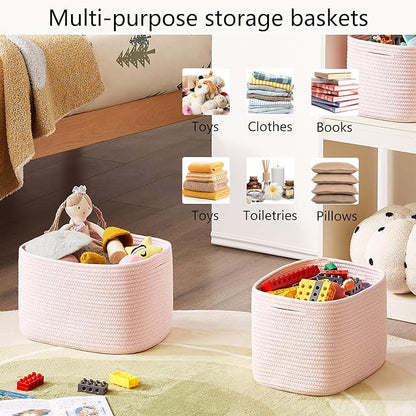 Pink Storage Bins 4 Pack Rectangular Rope Basket for Shelves for Baby Nursery Organization 12.7"Lx9"Wx7.9"H
