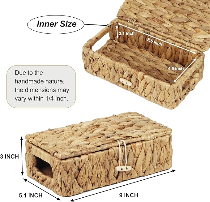 Small Basket with Lid, Wicker Storage Basket for Organizing, Rectangular Woven Basket for Storage, Water Hyacinth Decorative Boxes Bins with Lids (9" x 5.1" x 3")