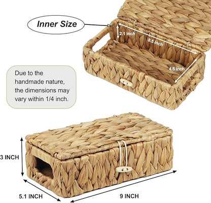 Small Basket with Lid, Wicker Storage Basket for Organizing, Rectangular Woven Basket for Storage, Water Hyacinth Decorative Boxes Bins with Lids (9" x 5.1" x 3")