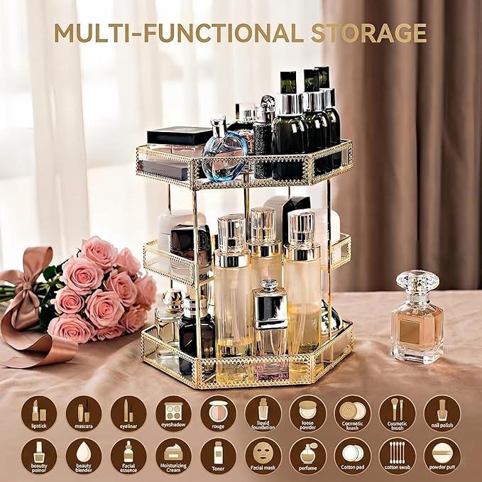 ZOOFOX 360 Degree Rotating Glass Makeup Organizer, Large Cosmetics Storage Display Holder with Gold Trim for Vanity, Clear Makeup Carousel for Perfume, Cosmetics, Brushes, Lotion, Lipsticks