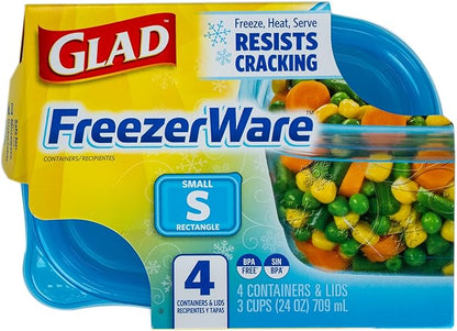 Glad GladWare FreezerWare Food Storage Containers with Lids, Small Rectangle BPA Free Plastic for Freezing Soups and Meal Prep, Crack Resistant, Microwave Dishwasher Safe, 24 Oz, 4 Count