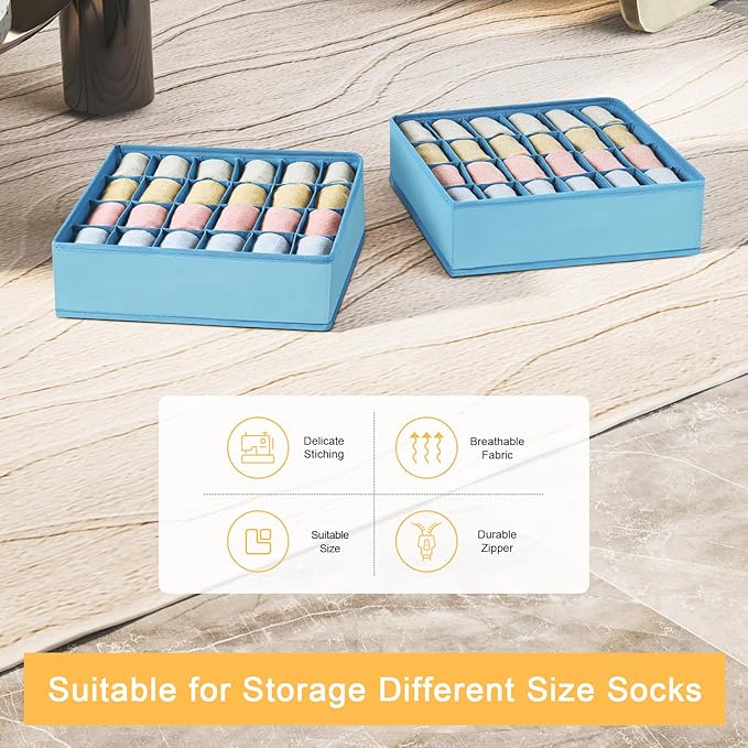 Joyoldelf Sock Organizer Drawer Organizer - 2 Packs Underwear Organizer, 24 Cells Collapsible Closet Organizers and Storage Sock Holders Organizers for Storing Socks, Ties, Belts(Blue)